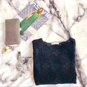 🆕 Chloe Lace Crochet Fish Net Knit See Thru Black 3/4 Top